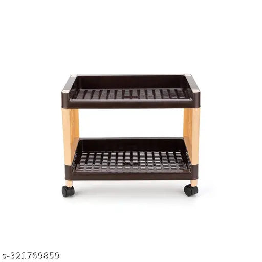Brown plastic kitchen rack organizer, 2-section, versatile for living room, office, bedroom, study with wheels