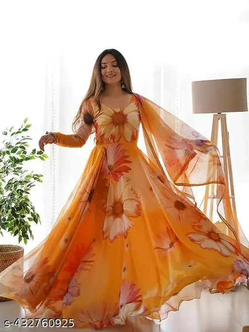 Organza flower print gown for women, heavy quality fabric with digital print and handwork