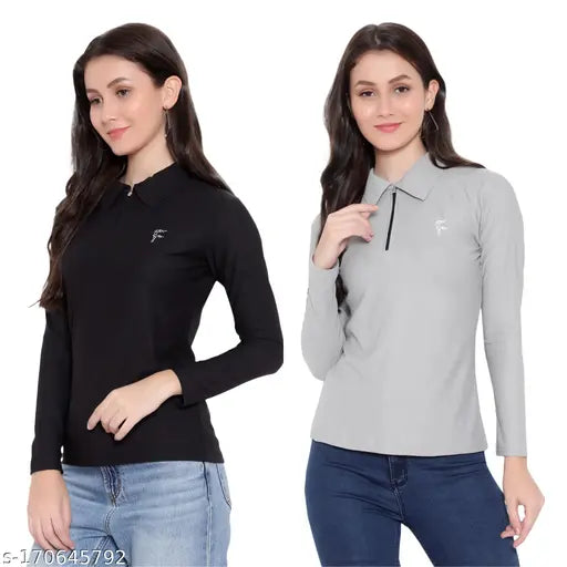 Solid lycra polo neck T-shirt pack (2), women's slimfit raglan sleeve, long sleeves, solid pattern, ideal for casual wear in all seasons. Made in India