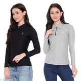 Solid lycra polo neck T-shirt pack (2), women's slimfit raglan sleeve, long sleeves, solid pattern, ideal for casual wear in all seasons. Made in India