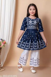 Festive Rayon Kurta Plazzo set for Girls, printed A-line top with short sleeves and palazzos - Indian ethnic fashion