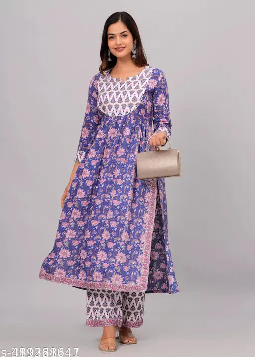 Rayon Nayra Cut Trending Kurta with Printed Net Bottomwear, women's fashion from India