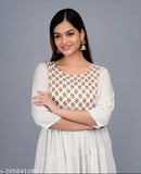 Sliver rayon printed three-border Anarkali Kurta with three-quarter sleeves. Trendy work & designs speak elegance and femininity. Ideal for functions, festivals, parties, weddings