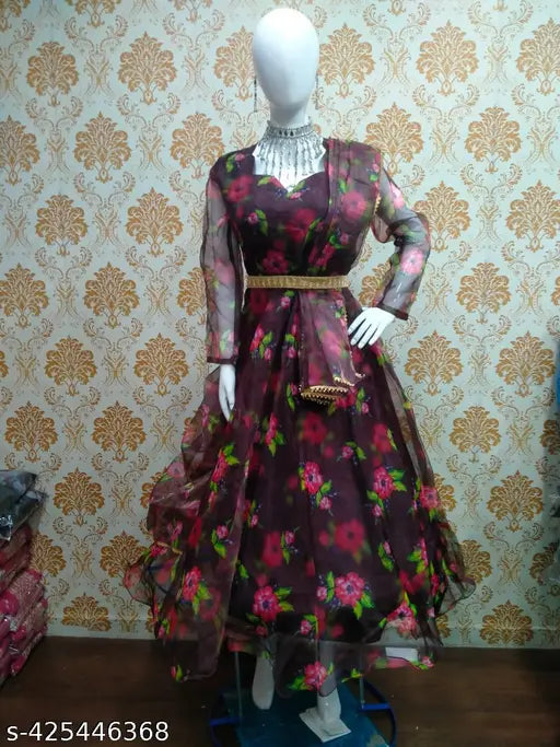 Organza silk anarkali gown with printed dupatta, full Amrela flayer, best quality, Indian-made in multiple sizes (M: 38in bust, 40in waist, 40in hip; L: 40in bust, 36in waist, 41in hip; XL: 42in bust, 38in waist, 43in hip; XXL: 44in bust, 40in waist, 45in hip)