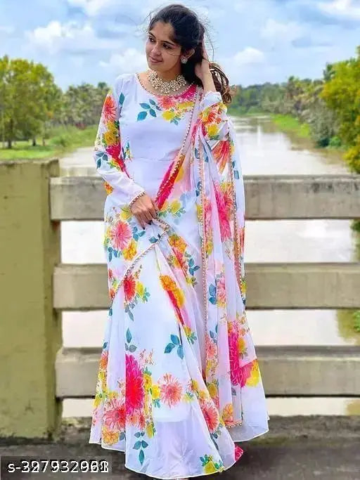 White georgette ladies gown with printed duppatta, perfect for office-work wear and casual occasions. Single sizes from XS to XXL. Made in India