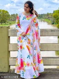 White georgette ladies gown with printed duppatta, perfect for office-work wear and casual occasions. Single sizes from XS to XXL. Made in India