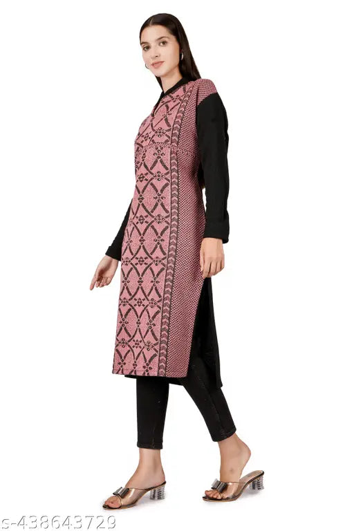 Woolen long kurta with printed combo from DIMSY COLLECTION, three-quarter sleeves on a woman