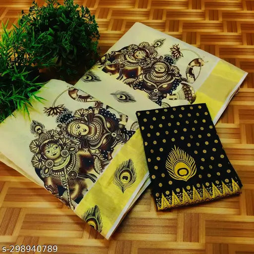 Kerala-type printed poly silk and tissue dupatta Lehenga Dhavani set with antique mural prints, semi-stitched (LW42, LL44)