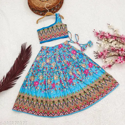 Cotton silk printed crop top & lehenga set for kids, ethnic motif, rayon fabric, multiple sizes available