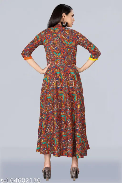 Multicolor rayon long gown kurta with traditional print, three-quarter sleeves, Indian ethnic wear for women