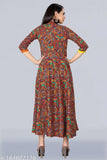 Multicolor rayon long gown kurta with traditional print, three-quarter sleeves, Indian ethnic wear for women