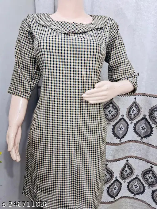 Yellow woolen kurti for winter, three-quarter sleeves, printed combo. Women's casual, formal or daily wear fashion