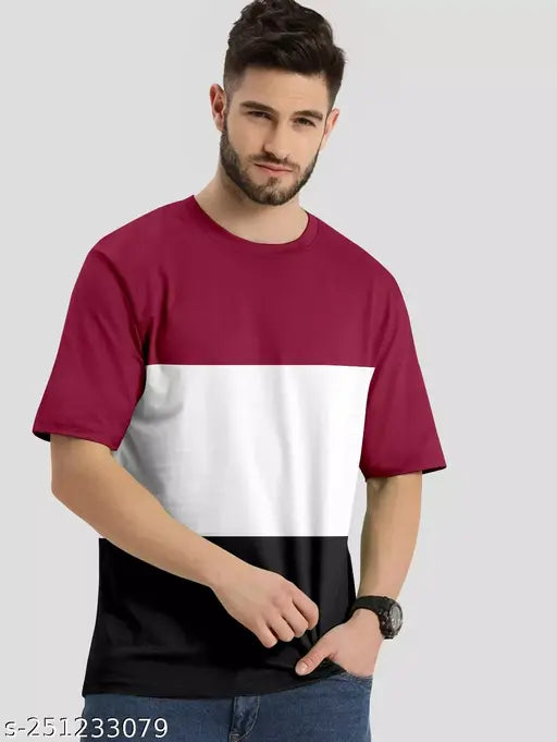 Colorblocked cotton men's round neck T-shirt, short sleeves, size M (38 in chest, 26 in length) or XXL (44 in chest, 29 in length). Striped design perfect for daily wear. Indian origin