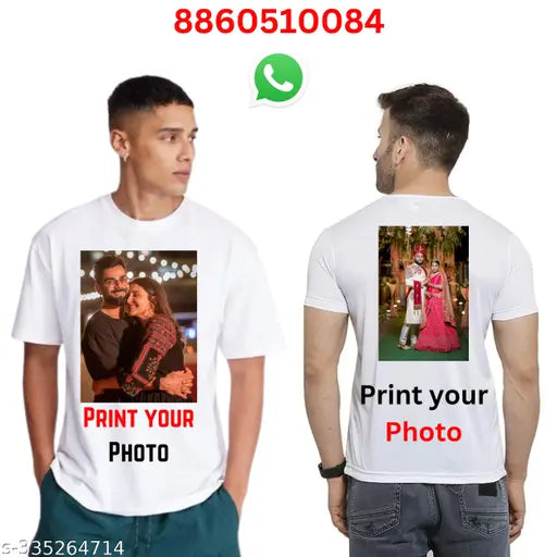 Personalized white polyester T-shirt with custom photo print, ideal for friends/family/couple gifts or promotions