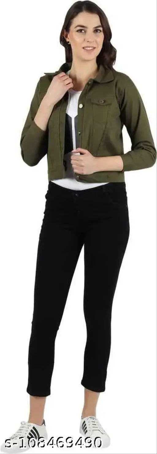 Olive denim colorblocked full-sleeve jacket for women, handcrafted by Kashian in India