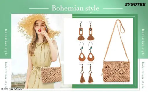 Handmade boho-style macrame sling bag with zipper, 97 inches, 100% cotton lining, perfect for travel and shopping