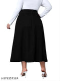 Black plus size denim A-line maxi skirt, solid design, home washable, adjustable waist, trendy and comfortable for all seasons, suitable for all body types, size 26-46 (waist sizes 26-46, length 32 in), made in India