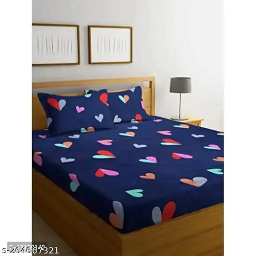 Glace cotton fitted queen bedsheet & 2 pillow covers (100% cotton, 180 thread count), ideal for summer. Elastic border and attractive gold finish