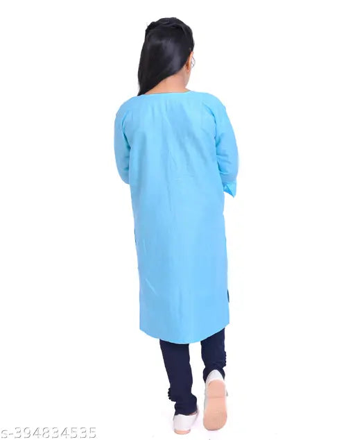 Embroidered rayon three-quarter sleeve cotton kurti for girls, 10-11 or 11-12 years old, Indian traditional attire