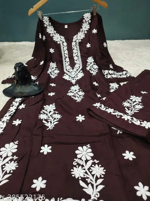 Embroidered rayon Chikankari work kurti with palazzo, traditional Indian wear set for women in various sizes