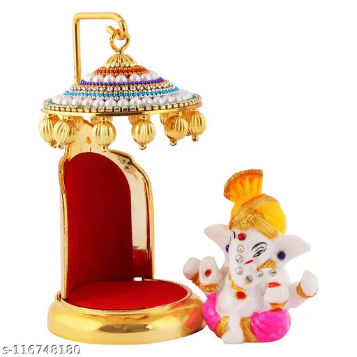 Marble & gold-plated Ganesh statue on showpiece stand - Premium decor for car dashboard, office, study, small temple, or room mandir