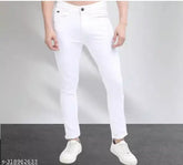 White polycotton designer jeans, comfortable and fashionable for parties and casual wear. Solid white slim fit, suitable for sizes 28, 30, and 32 (waist: 28/30/32 inches, length: 39 inches). Made in India