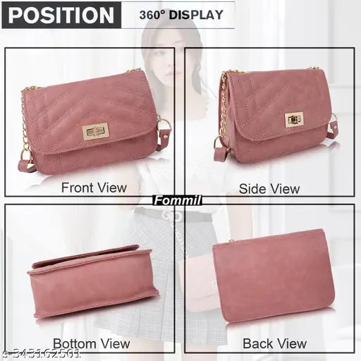 Gorgeous faux leather/leatherette gold chain strap slingbag for women, solid net design in free size (10in L x 2in W x 6in H) - stylish accessory by FOMMIL from India