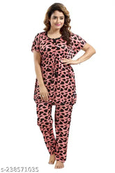 Satin fabric women's fancy kaftan top nightdress with short sleeves, printed pattern, pyjamas style - Indian origin