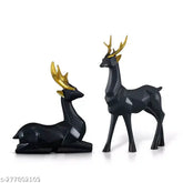 Black resin deer sculptures, detailed handwork, home & office decor showpieces, Indian artistry for tabletop or shelf display, set of 2, 14cm L x 6cm B x 23cm H