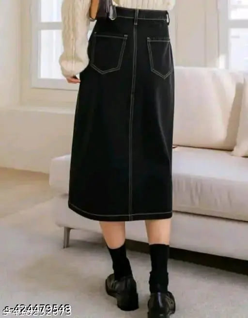 High-rise black denim midi skirt with thigh-high slit, pure cotton, women's elastic waist, pencil bodycon style - Indian craftsmanship