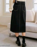 High-rise black denim midi skirt with thigh-high slit, pure cotton, women's elastic waist, pencil bodycon style - Indian craftsmanship