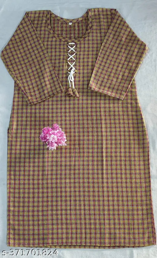 Yellow check woolen kurti, women's winter wear with three-quarter sleeves