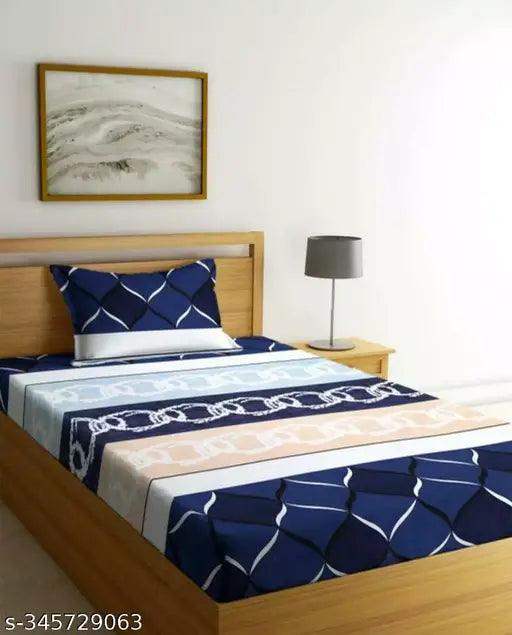 White & navy geometric print DWORTH Premium Glace Cotton flat single bedsheet, wrinkle-free and breathable (60 x 90 inch), with a matching pillow cover (18 x 28 inches)