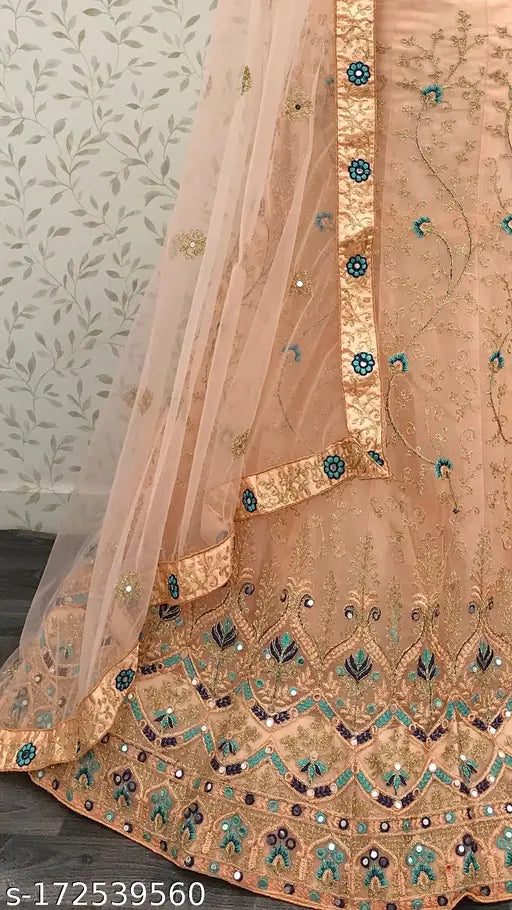 Peach net Lehenga Choli with exquisite embroidery work - Indian wedding and special occasion Lehenga set
