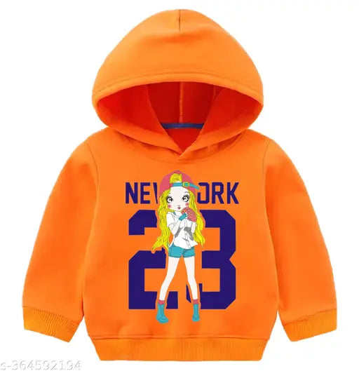 Orange cotton blend girls' winter hoodie set with printed pattern, perfect for cold conditions, comfortable fit for kids aged 2-10. Made in India