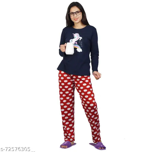 Maroon unicorn-printed women's cotton nightsuit with long sleeves, featuring both side packets from Ninos Dreams, origin India