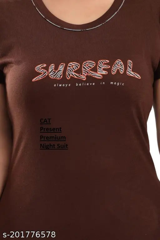 Women's chocolate-brown hosiery cotton printed half-sleeve T-shirt & pyjama pants set, regular fit sleepwear