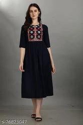 Rayon embroidered kurti with three-quarter sleeves, Indian fashion, attractive style