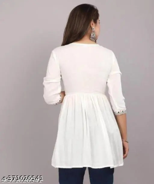 White rayon embroidered net top with three-quarter sleeves, size S for bust 36 inches, Indian fashion on mannequin