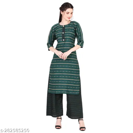 Striped cotton blend kurta and palazzo set for women, three-quarter sleeves - Indian designer fashion