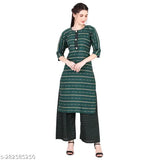 Striped cotton blend kurta and palazzo set for women, three-quarter sleeves - Indian designer fashion
