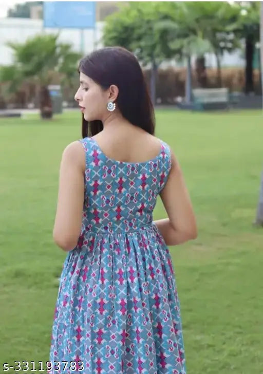 Blue Floral Printed Rayon Flared Ankle-Length Dress for Women & Girls, showcasing applique ornamentation and sleeveless style