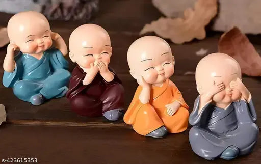 Laughing Buddha Monk Resin Idol set, four miniature figurines on weathered rock for car decor or home décor, hand-crafted Indian religious idols