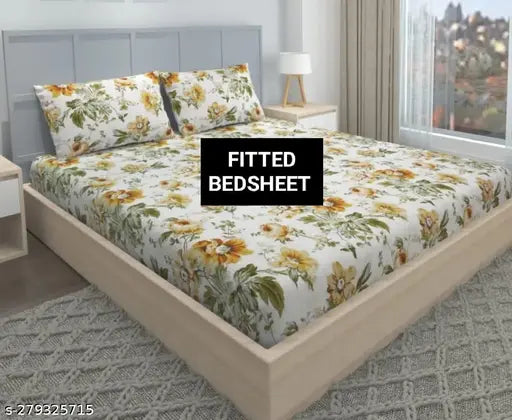 Heavy quality cotton, superfine elastic fitted double bedsheet with floral pattern, includes 2 pillow covers for summer use, made in India