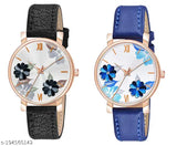 Black and blue flowered dial leather strap watch for women and girls, unique designer piece from India