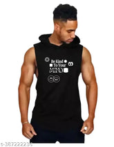Printed black polyester gym vest for men, 'be kind to your mind', size options M, L, XL, XXL. Made in India