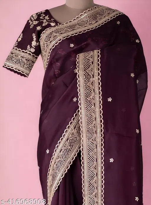 Vichitra Silk wine-colored saree with embroidery and sequin work, perfect for party wear