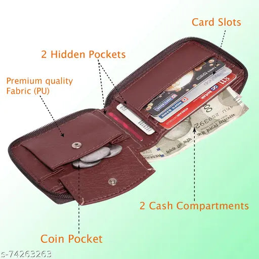 Brown textured PU leather men's casual travel formal wallet, 3 card slots, round zip closure, compact size for pocket use