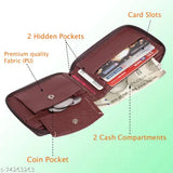 Brown textured PU leather men's casual travel formal wallet, 3 card slots, round zip closure, compact size for pocket use