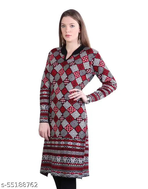 Red woolen A-line printed kurti, long sleeves, Montrex women's fashion, unique Indian designware